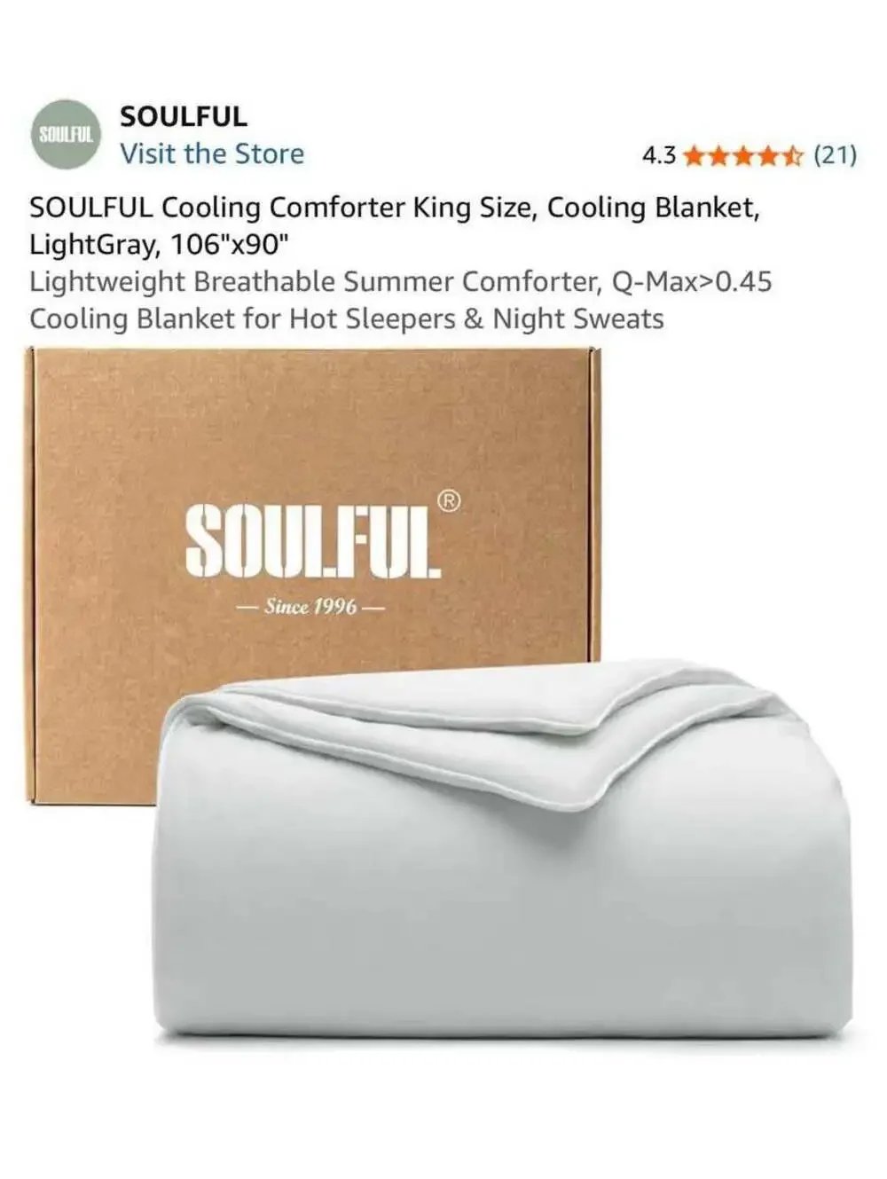 SOULFUL Cooling Comforter King Size, Cooling Blanket, LightGray, 106